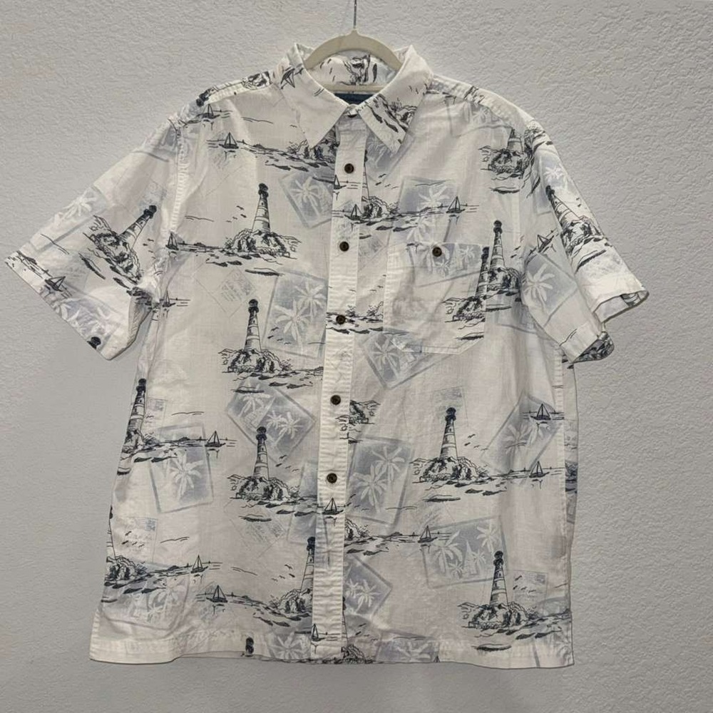 Croft & Barrow Men's Sz L Vintage Lighthouse Print Button Up Shirt Short Sleeve